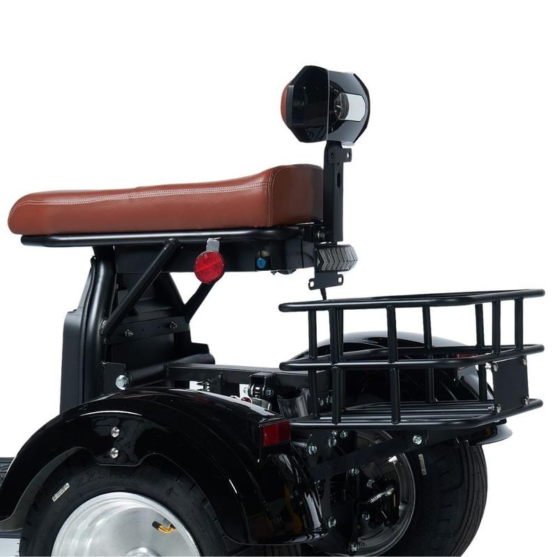 Encosto acolchado para o passageiro e bagageiro reforçado para levar volumes com estabilidade. Dupla suspensão traseira filtra impactos.