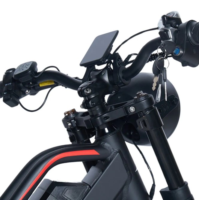 Ergonomia que dá confiança. - Guidão alto com acelerador no punho e seletor do PAS ao lado. Posição confortável para controlar a potência sem cansar os braços.